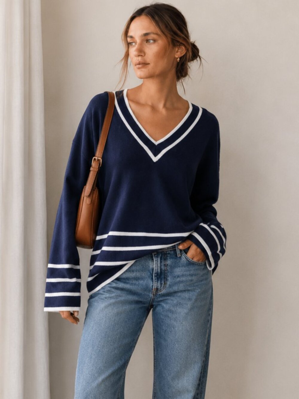 Michael Kors NWT Navy White V Neck Sweater Striped Coastal Preppy Knit L